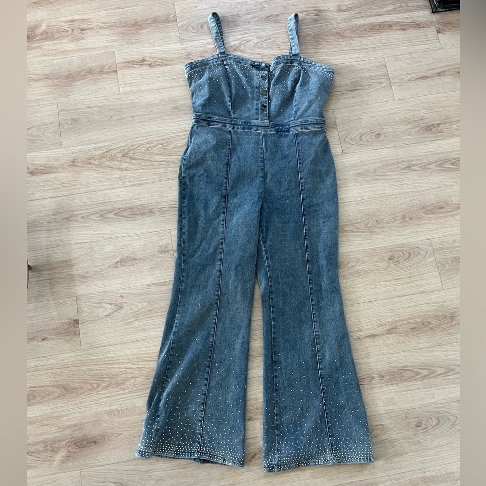 Denim Jumpsuit With Rhinestone Accents